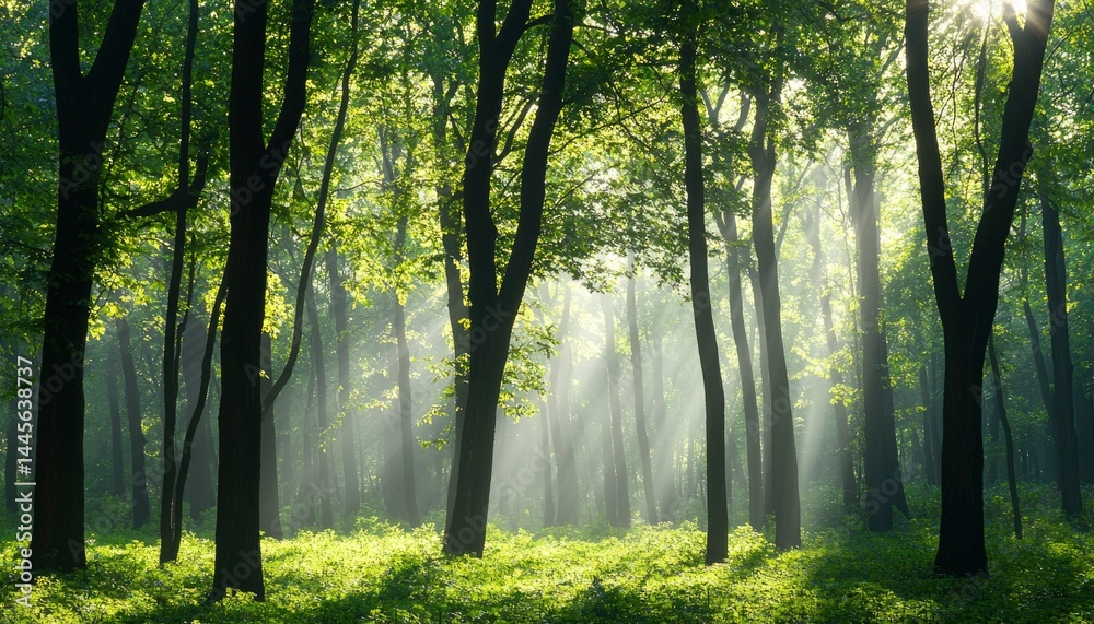 Obraz premium Sunlight filters through a misty forest