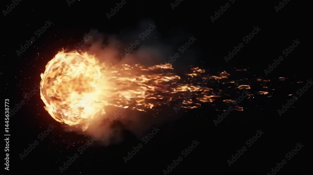 Realistic fire ball spell with trail footage, vfx fire projectile for compositing on black, fantasy game magic fire effect element, magic fireball vfx element animation.
