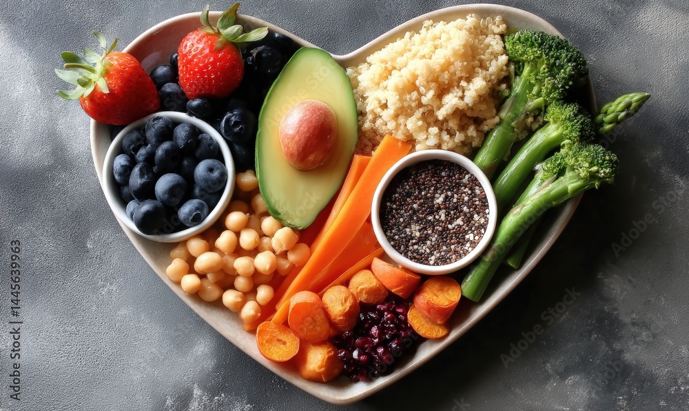 A heart-shaped plate with avocado, berries, quinoa, chickpeas, broccoli, carrots, chia seeds, and other healthy foods on a gray background. A heart-shaped plate with avocado, berries, quinoa, chickpeas, broccoli, carrots, chia seeds, and other healthy foods on a gray background.