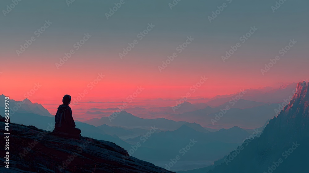 Obraz premium Person Meditating at Sunset in Mountains