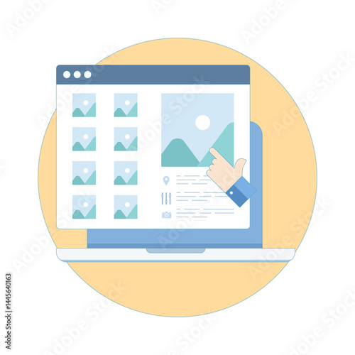 EXIF data viewer concept. Click on photo file to view exif metadata such as camera, lens, exposure, date and GPS location for details. Flat design vector illustration on background.