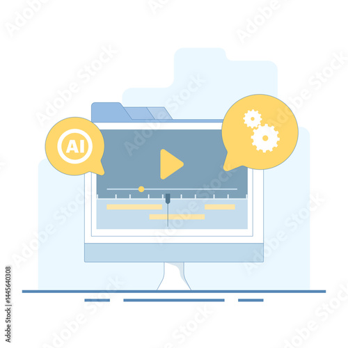 Automated AI video editor concept. Clip maker for cutting footage, social media publishing, and AI-powered video marketing automation. Smart editing interface and timeline. Design vector illustration.