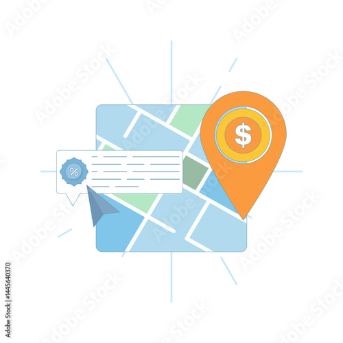 Local Offers Concept. Location-based marketing with geographically targeted discount notifications. Personalized local offers are sent via the app when customers enter an area. Design illustration.