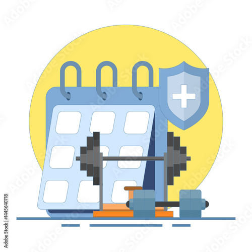 fitness schedule concept, barbell lifting and calendar. consistent for workout and weight lifting. gym agenda. consistency and lifestyle. flat style design illustration elements.