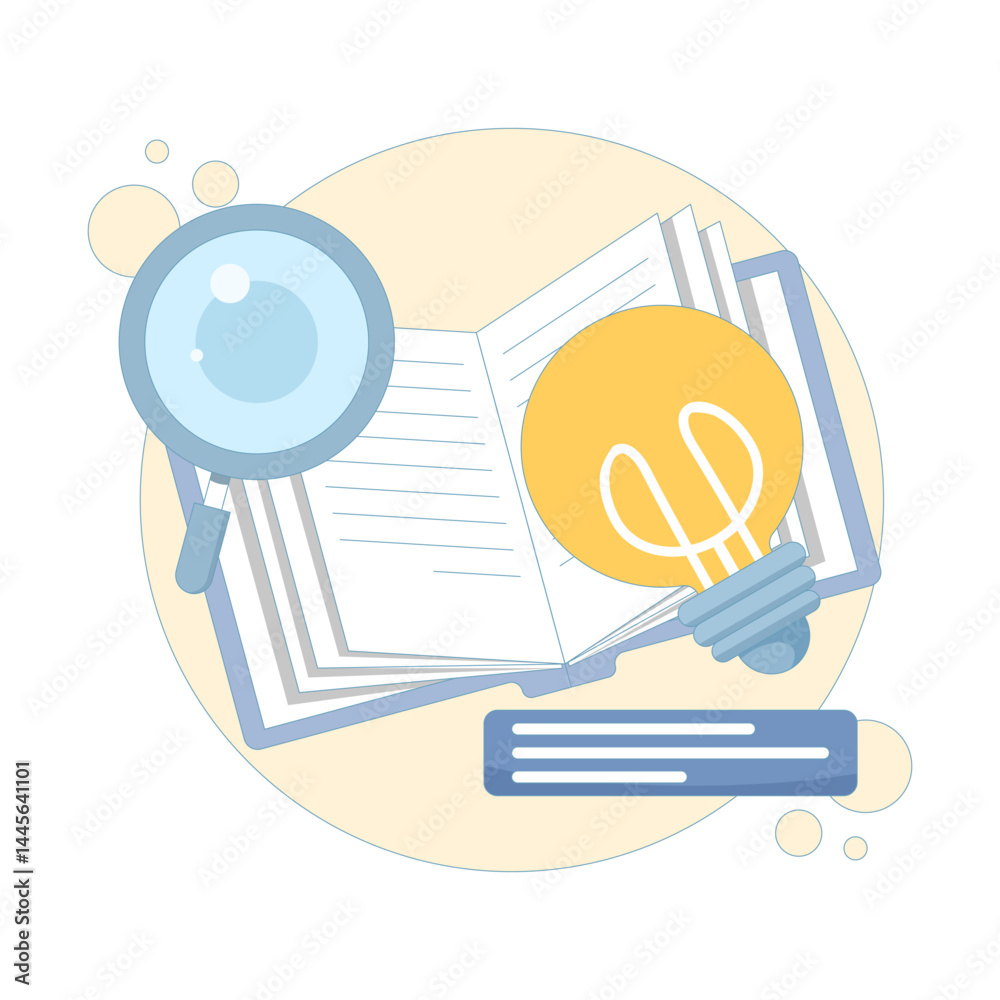 education concept and source of inspiration. world book day. source of information, idea solution. knowledge and learning. open book with light bulb. flat style design illustration in the background.