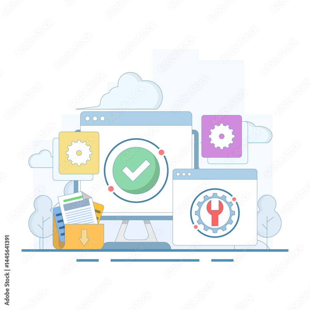 System maintenance concept, Software system under maintenance, Fixing problems, Device update, Software update process on device, People updating operating system. Flat vector illustration System maintenance concept, Software system under maintenance, Fixing problems, Device update, Software update process on device, People updating operating system. Flat vector illustration