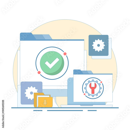 System maintenance concept, Software system under maintenance, Fixing problems, Device update, Software update process on device, People updating operating system. Flat vector illustration