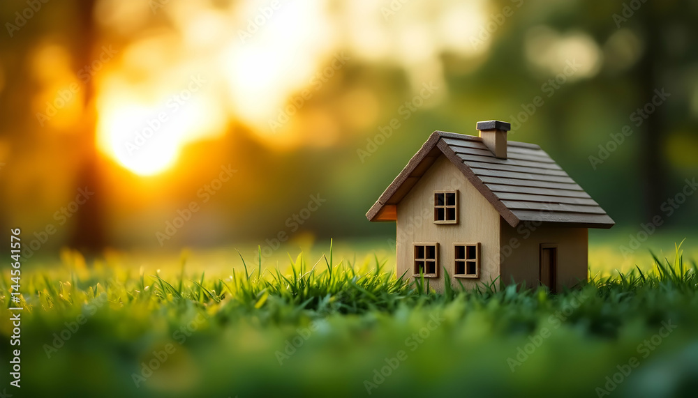 Miniature House on Lush Green Grass with Sunlit Background – Symbol of Home, Real Estate, and Nature – Copy Space Miniature House on Lush Green Grass with Sunlit Background – Symbol of Home, Real Estate, and Nature – Copy Space