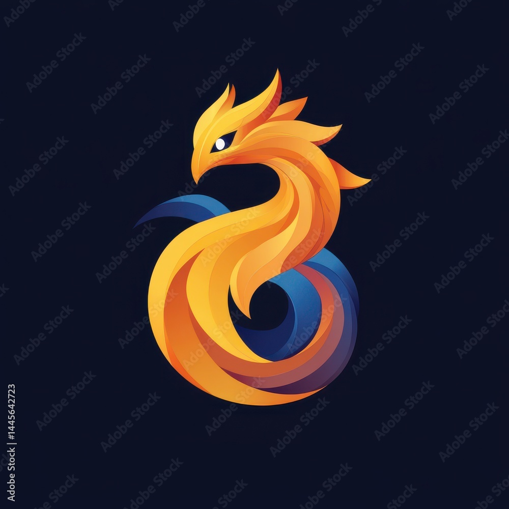 Obraz premium Stylized phoenix bird in yellow and orange with blue accents, elegant modern vector on dark.