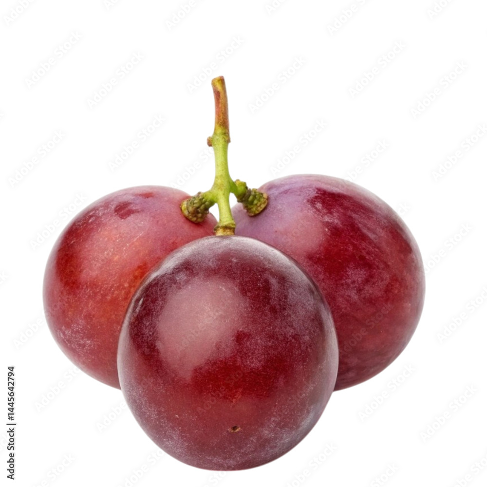 Obraz premium Closeup of Three Red Grapes on the Vine A Delicious and Juicy Cluster of Red Grapes isolated on transparent background Generative AI
