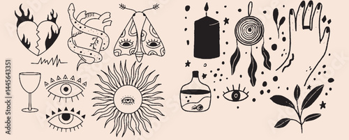 Hand-drawn vintage mystical and magic symbols illustration