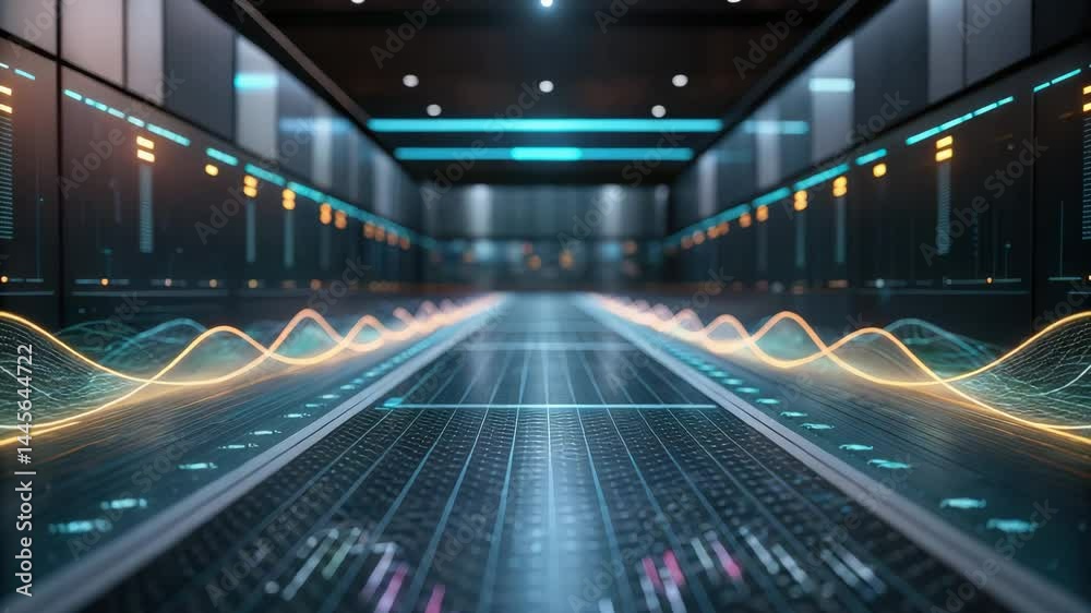 A futuristic data center with glowing lines and sound waves, showcasing technology and digital connectivity. A futuristic data center with glowing lines and sound waves, showcasing technology and digital connectivity.