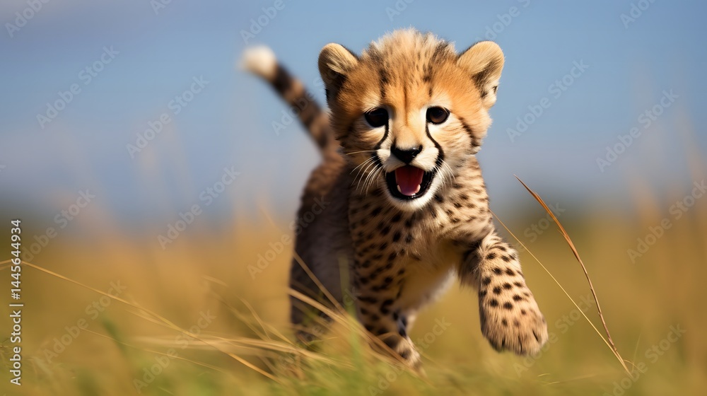 Obraz premium Playful baby cheetah running in grasslands nature background wildlife photography outdoor environment close-up view