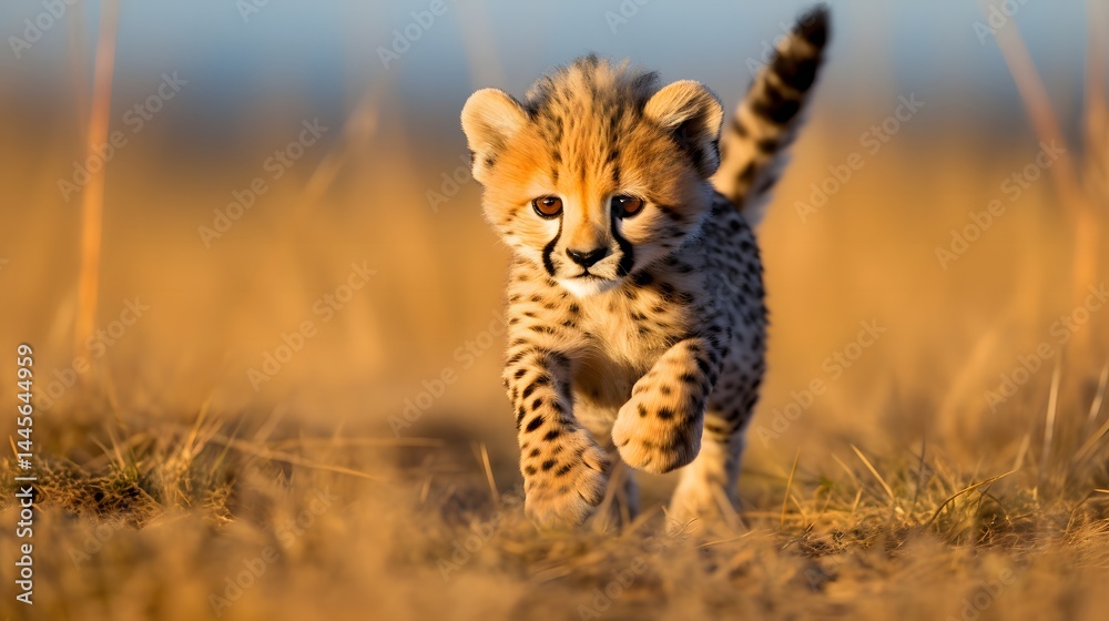 Obraz premium Playful baby cheetah running in grasslands serengeti background wildlife photography natural environment close-up view joyful concept