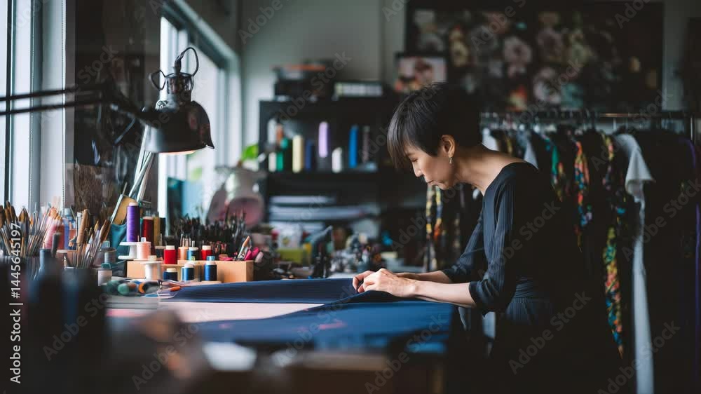Focused Young Woman Working on Textile Design Projects in a Bright Modern Workshop Focused Young Woman Working on Textile Design Projects in a Bright Modern Workshop