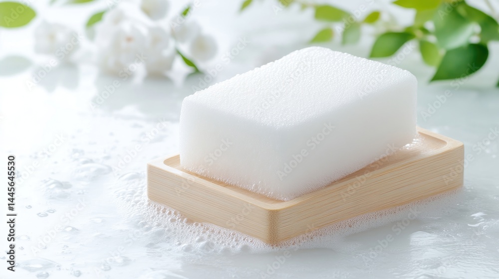 Soft white bar soap on wooden soap dish, surrounded by gentle bubbles and flowers Soft white bar soap on wooden soap dish, surrounded by gentle bubbles and flowers