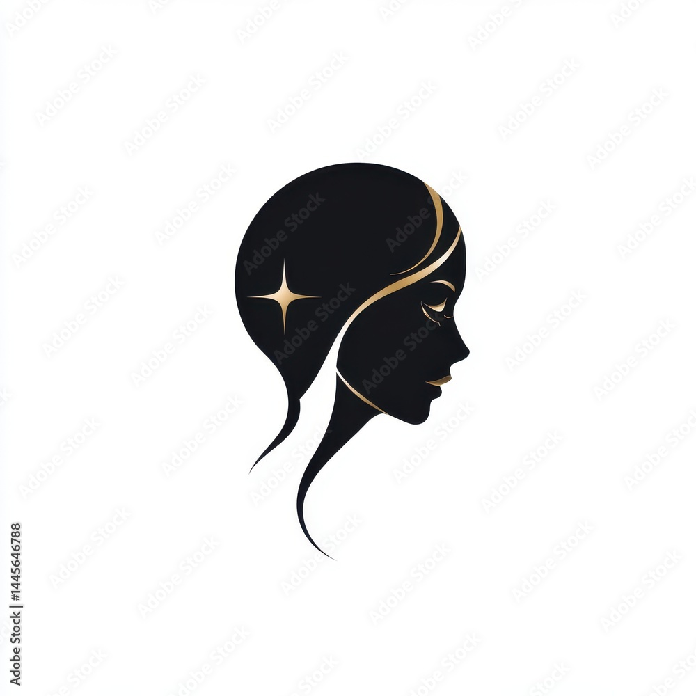 Minimalist female profile with golden highlight and star, elegant vector on white.
