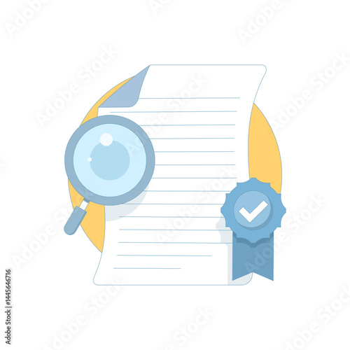 Verified Document Concept. Document with Verification Badge. Approved document. Successful resume check, review or exam. Approved contract, agreement. Vector Illustration Design.