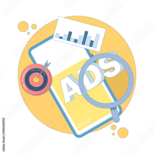 Mobile advertising strategy concept. native advertising and programmatic targeting for mobile devices. Advertising campaign. optimized mobile advertising. Flat design illustration in the background.