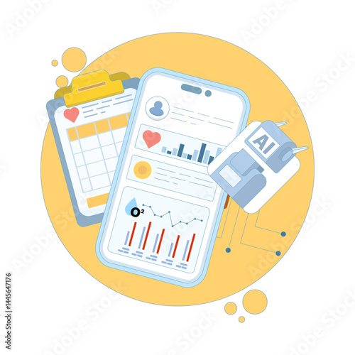 Smart watch and health tracker concept. AI based diagnostics. Algorithm analyzing health data. Medical insights in healthcare. Flat design vector illustration on background.