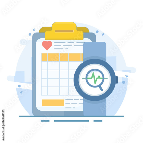 Healthcare Technology Concept. Wearable devices, personalization with diagnostics, telemedicine improve patient accessibility outcomes during treatment. Flat design vector illustration on background.