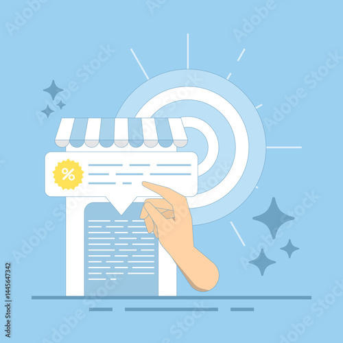 Local business e-commerce marketing concept, audience targeting and store sales advertising. Retail promotion strategy with customer engagement in personalized discount offers. Flat illustration
