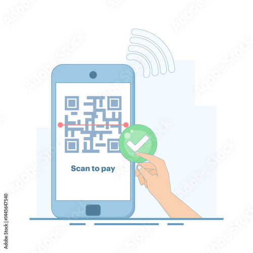 Payment concept using QR. Secure transaction. QR code payment integration for contactless payment and mobile payment. QR code for easy ordering and payment. Flat design vector illustration.