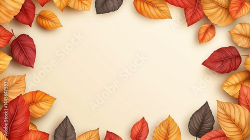 Vibrant autumn leaves border with red orange yellow and brown foliage on a soft beige background perfect for seasonal designs and fall themed projects
