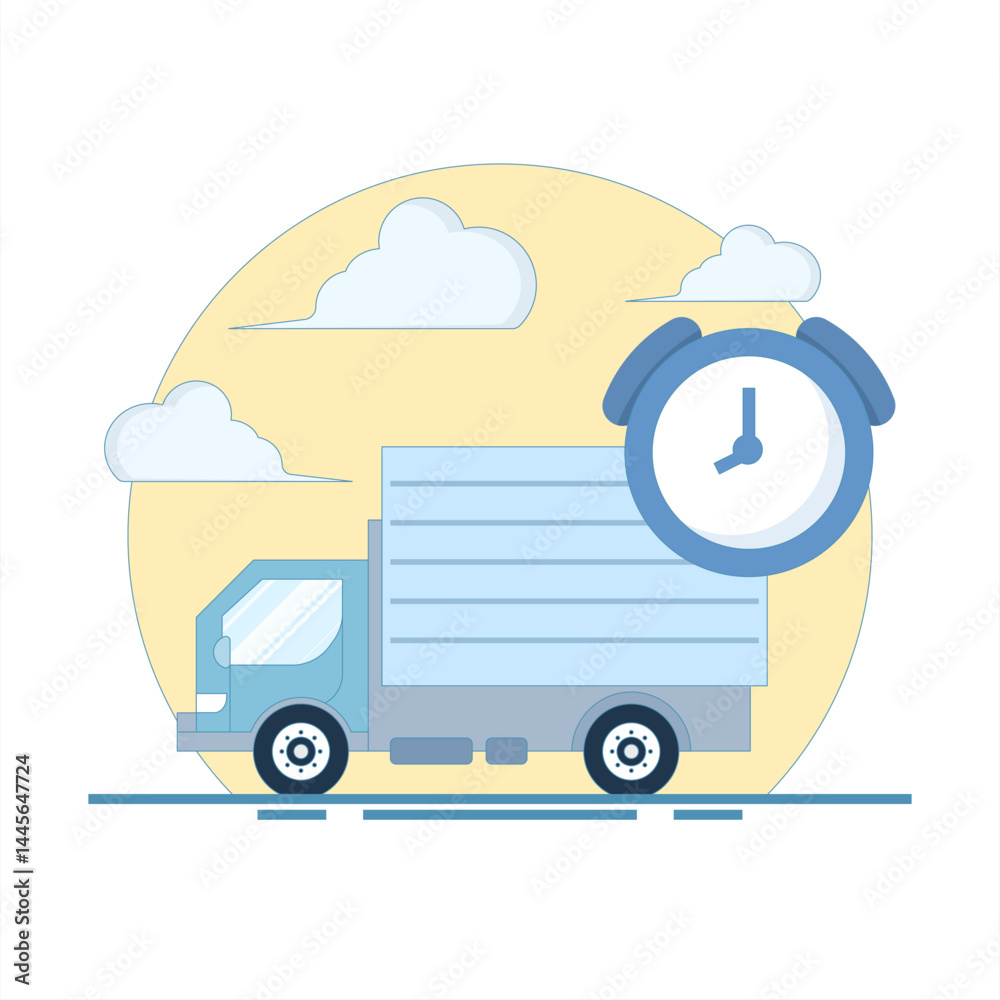 On Time Delivery Concept. Delivery Truck with Clock. Fast Delivery. Fast and safe delivery. Parcel delivery with fast response. Vector Illustration Design on background. On Time Delivery Concept. Delivery Truck with Clock. Fast Delivery. Fast and safe delivery. Parcel delivery with fast response. Vector Illustration Design on background.