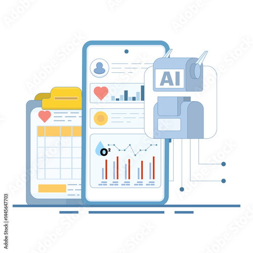 Smart watch and health tracker concept. AI based diagnostics. Algorithm analyzing health data. Medical insights in healthcare. Flat design vector illustration on background.