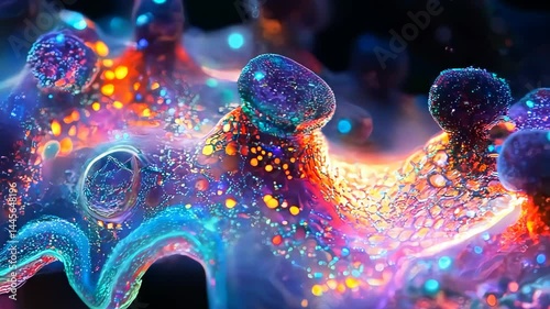 Colorful abstract form resembling a microscopic structure glowing with light

