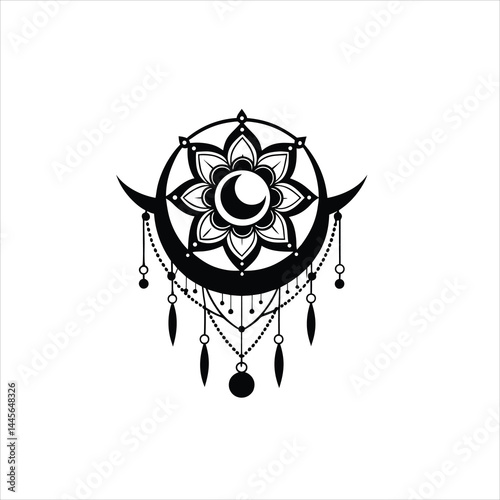 Black and white illustration of a crescent moon and lotus flower design art