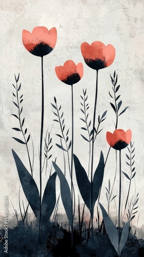 Hand-painted illustration of pink heart-shaped flowers with black stems and leaves on textured light background, whical botanical art design