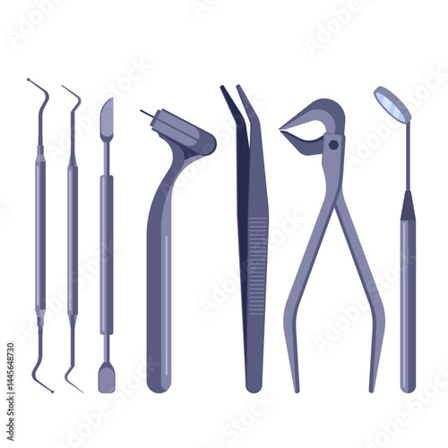 Vector illustration of dental tools including mirror, probe, tweezers, drill, and forceps. Used in oral examination and treatment, suitable for dental clinic, healthcare, and hygiene themes