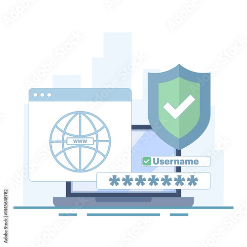 Security concept with cyber shield lock check mark. Cloud-based hosting and cyber protection services. Personal Data. Online Payment Security. Password protected applications. Vector illustration.