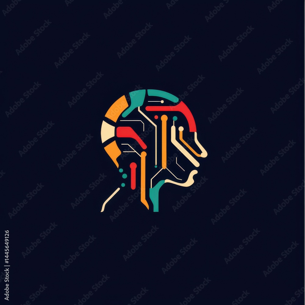 Fototapeta premium Vector illustration of a human head profile integrated with vibrant circuitry patterns, symbolizing artificial intelligence and modern technology.
