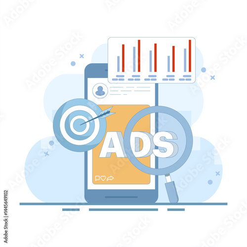 Mobile advertising strategy concept. native advertising and programmatic targeting for mobile devices. Advertising campaign. optimized mobile advertising. Flat design illustration in the background.