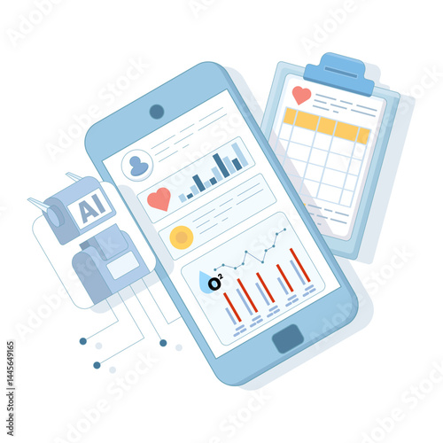 Smart watch and health tracker concept. AI based diagnostics. Algorithm analyzing health data. Medical insights in healthcare. Flat design vector illustration on background.