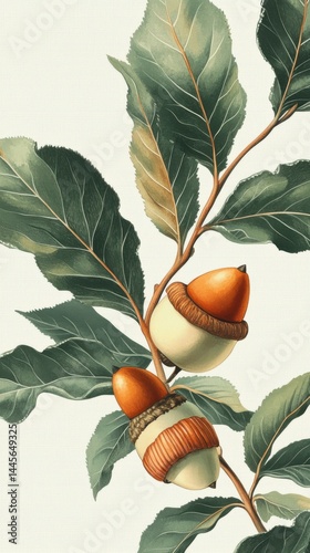 Illustration of a lush green tree branch with large leaves and a pair of acorns with textured caps and smooth bodies, showcasing detailed botanical art style.