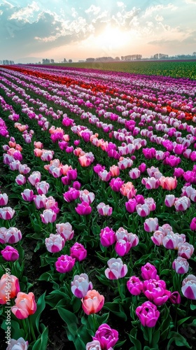 Vibrant tulip flower field in full bloom with colorful rows du sunrise, picturesque landscape with lush greenery and a clear sky, serene agricultural scenery