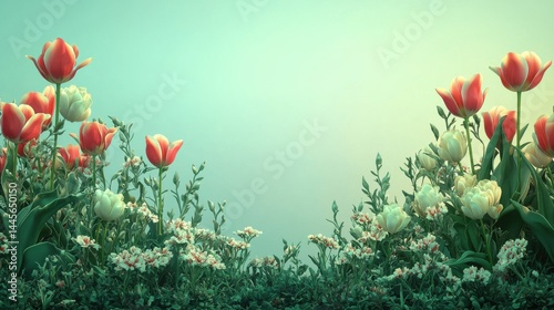 Beautiful vibrant garden scene with blooming tulips and delicate white flowers under soft pastel sky creating a peaceful sptime atmosphere