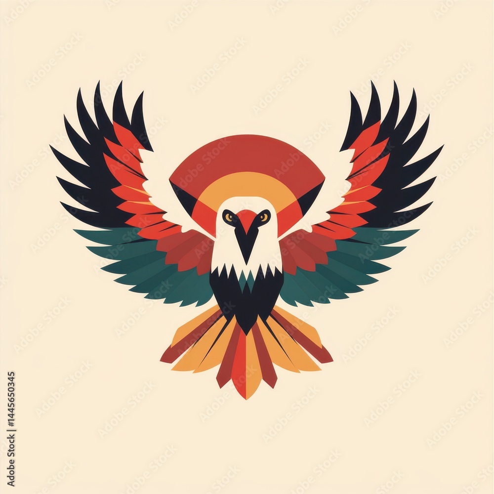 Obraz premium Stylized bird with wide open wings in geometric shapes and vibrant colors.