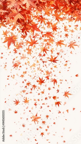 Vibrant autumn leaves in shades of orange and red falling from trees with scattered leaf patterns on a white background for seasonal design and nature themes