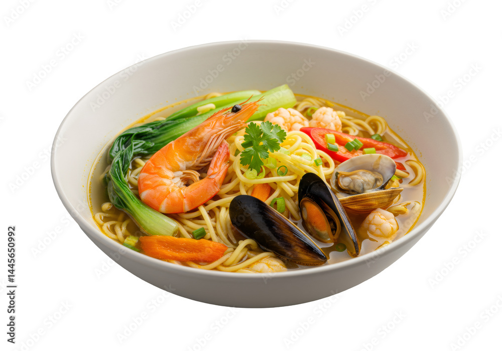 海鮮ラーメン ボウルの中のエビ ムール貝 野菜 黄色い麺 料理された 背景 海鮮ラーメン ボウルの中のエビ ムール貝 野菜 黄色い麺 料理された 背景