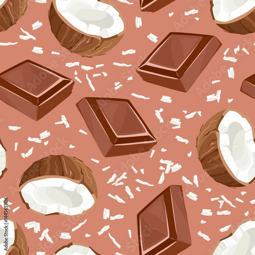 Coconuts, chocolate pieces and coconut flakes on brown background. Vector seamless pattern. Cartoon flat illustration.