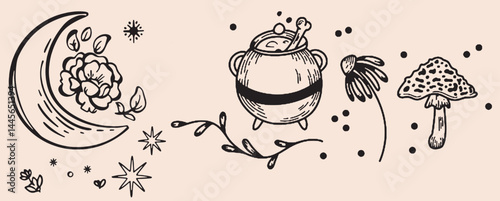 Hand-drawn vintage mystical and magic symbols illustration