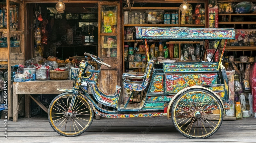 Fototapeta premium Colorful pedicab parked outside shop