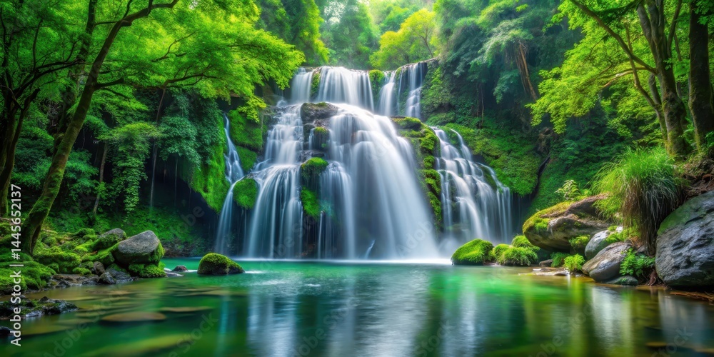 Fototapeta premium Forest waterfall with lush greenery and crystal clear streams in the background, stream, serenity, stream, serenity,greenery