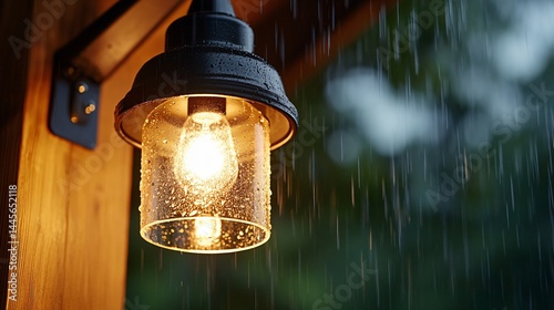 Classic wall lantern on wooden beam with rainfall backdrop, great for outdoor lighting designs - Image 4K UHD