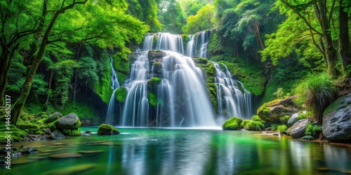 Forest waterfall with lush greenery and crystal clear streams in the background, stream, serenity, stream, serenity,greenery